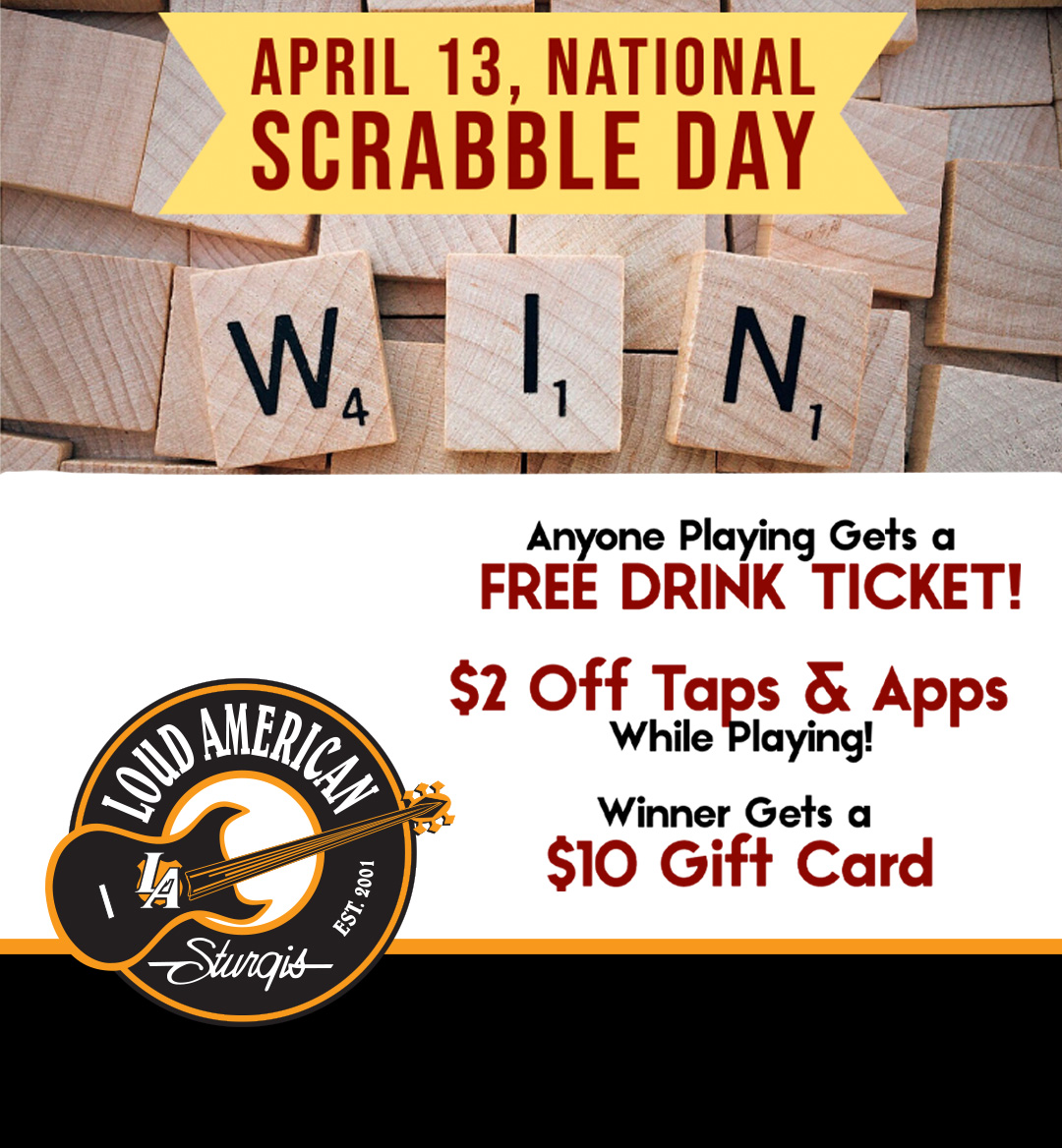 Bring your wordplay A-game on Sunday for National Scrabble Day! 🧩 Discounted Taps &amp; Apps for anyone participating!
-
#scrabble #getloud #sturgis #loudamerican