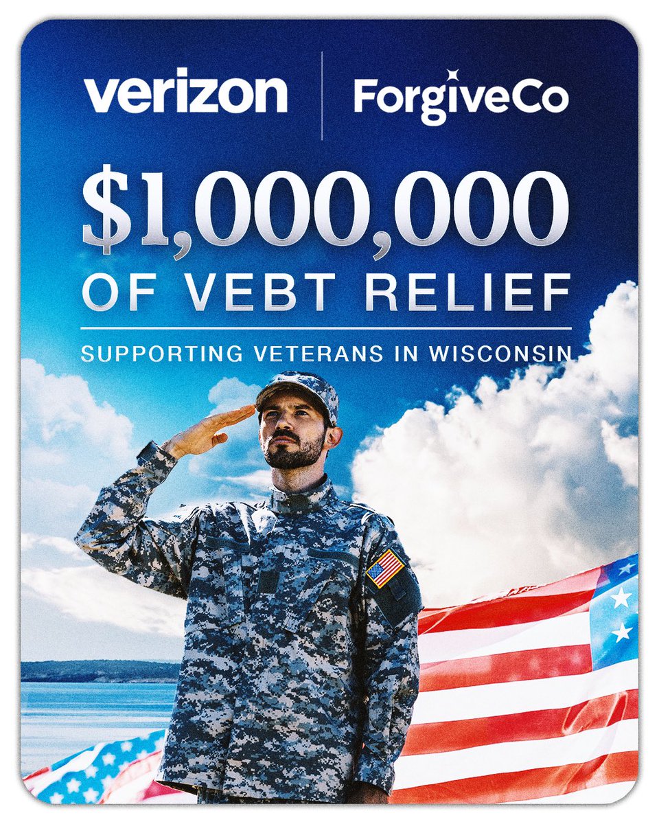 Forgiveco_PBC's tweet photo. $1 MILLION in veteran debt is being wiped out in Wisconsin — starting now.
With @Verizon, we’re relieving $3M in total over the next 2 years. No sign-ups. No strings. Just real help for those who served. 🇺🇸💙
#VeteransFirst #ForgiveCo #Verizon #NFLDraft #Packers #WisconsinVeterans