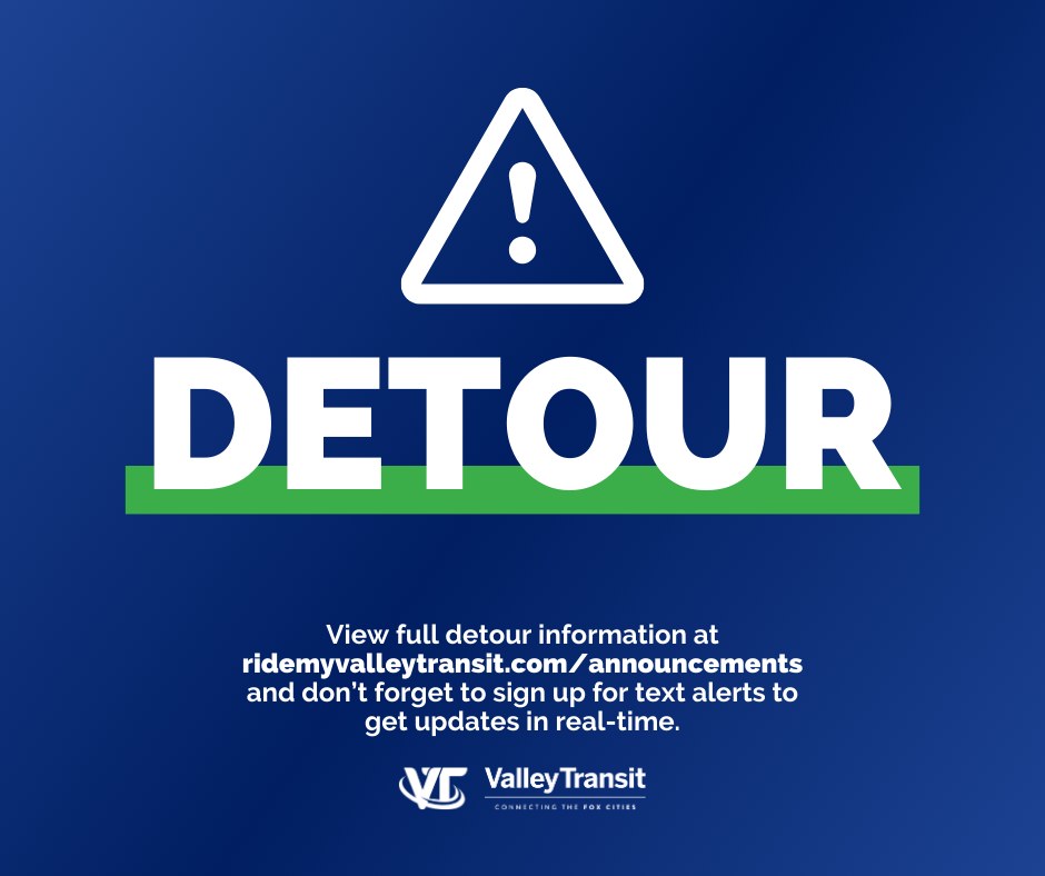 🚧 DETOUR: 🚧 

Route 6 - Meade, Route 16 - Northeast, and Route 20 - Heart of the Valley will operate on a detour due to Lawe St. construction effective tomorrow, April 9th. To view full detour information, visit ridemyvalleytransit.com/announcements. 📲