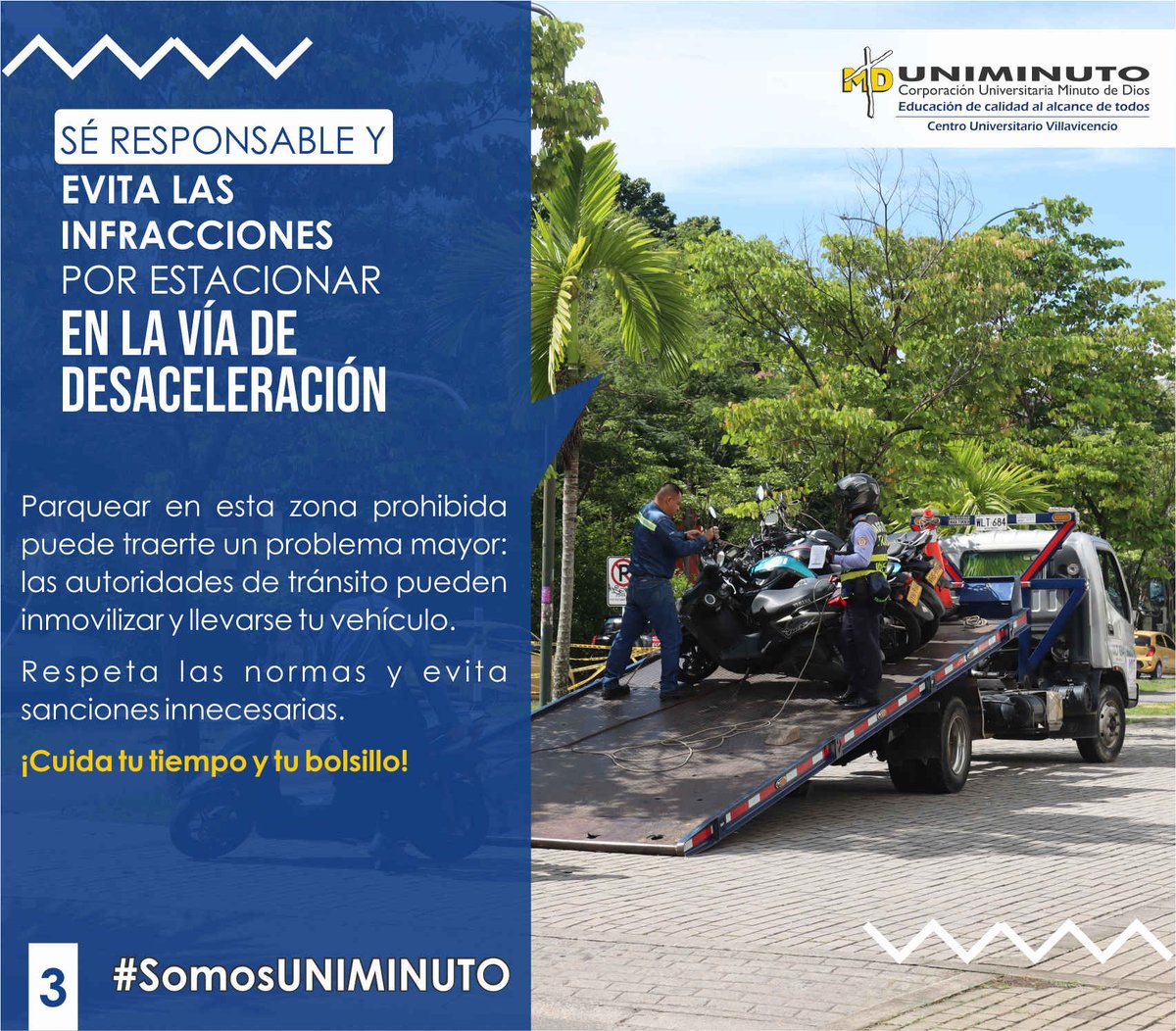 ¡No pongas en riesgo tu vehículo!

La vía de desaceleración es exclusivamente para el ascenso y descenso de pasajeros, no para estacionar. 

Evita sanciones y cuida tu vehículo. Usa los espacios designados y contribuyamos juntos a una movilidad más segura.

#MovilidadSegura