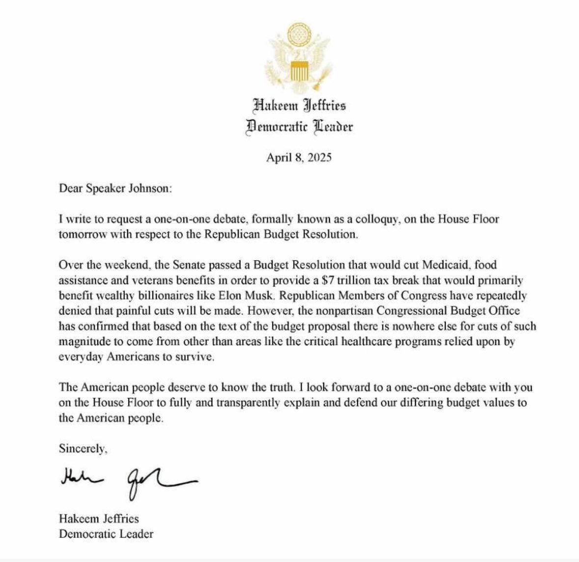 Jackie (@jackie_koppell) on Twitter photo A verbal duel on the House floor?
House Dem Leader <a href="/RepJeffries/">Hakeem Jeffries</a> has requested a one-on-one debate with <a href="/SpeakerJohnson/">Speaker Mike Johnson</a> tomorrow.
Topic: Republican Budget Resolution
The Speaker’s office did not offer a comment when I asked if he would accept the debate request. A verbal duel on the House floor?
House Dem Leader <a href="/RepJeffries/">Hakeem Jeffries</a> has requested a one-on-one debate with <a href="/SpeakerJohnson/">Speaker Mike Johnson</a> tomorrow.
Topic: Republican Budget Resolution
The Speaker’s office did not offer a comment when I asked if he would accept the debate request.