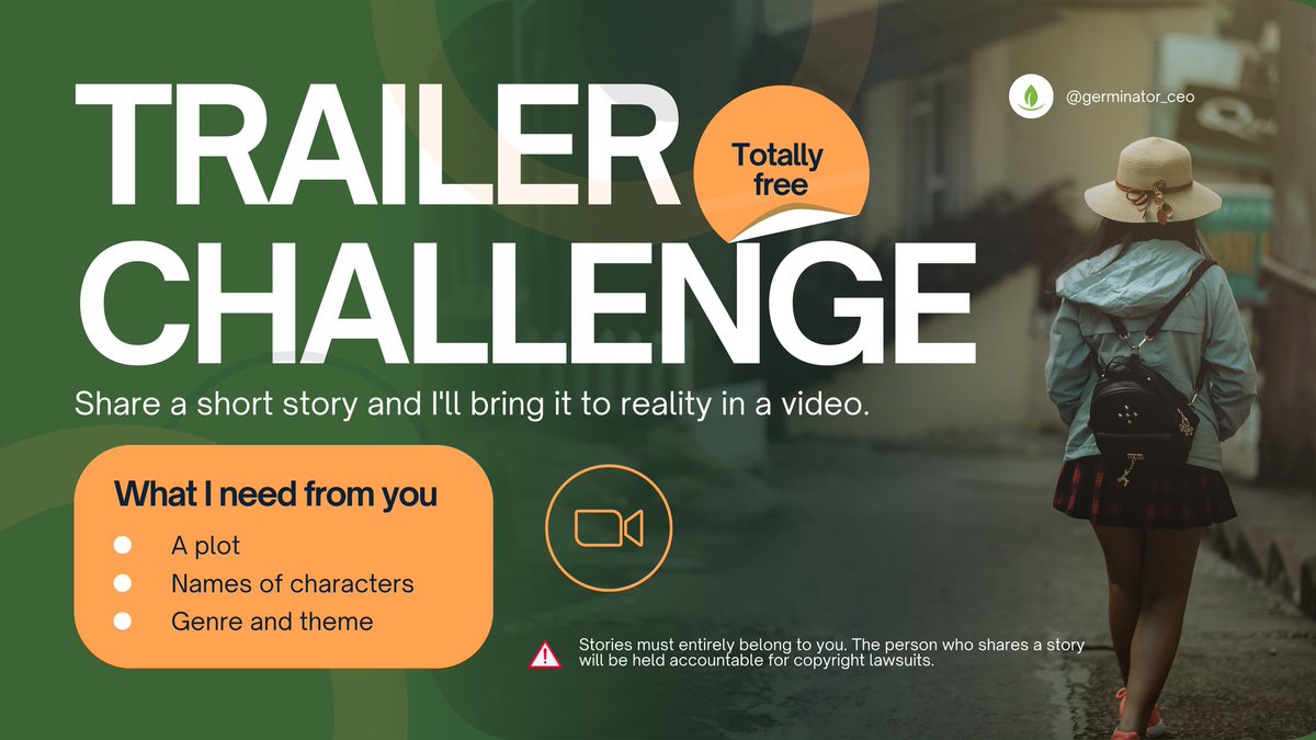 Trailer Challenge 😑 🔥🔥🔥
I'll be creating 30 seconds trailer and I need your help. I'll add every trailer to this post.
Check image for more info.
Let's gooooo.

🔺NB:  Stories must be entirely crafted by you.

#WritingCommunity
#writers
 #BookTwitter