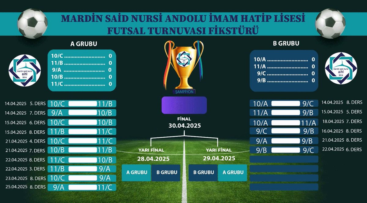 NursiFen's tweet photo. Beden eğitimi öğretmenimiz Muhammet Çiçek'in koordinatörlüğünde icra edilecek olan  (Gelenekse), sınıflar arası Futsal turnuvamız 14 Nisan tarihinde başlıyor @meb_dinogretimi @mardinilmem @artukluilcemem @mehmeteminduya1 @ArsiracAr https://t.co/1ARL7644Tk