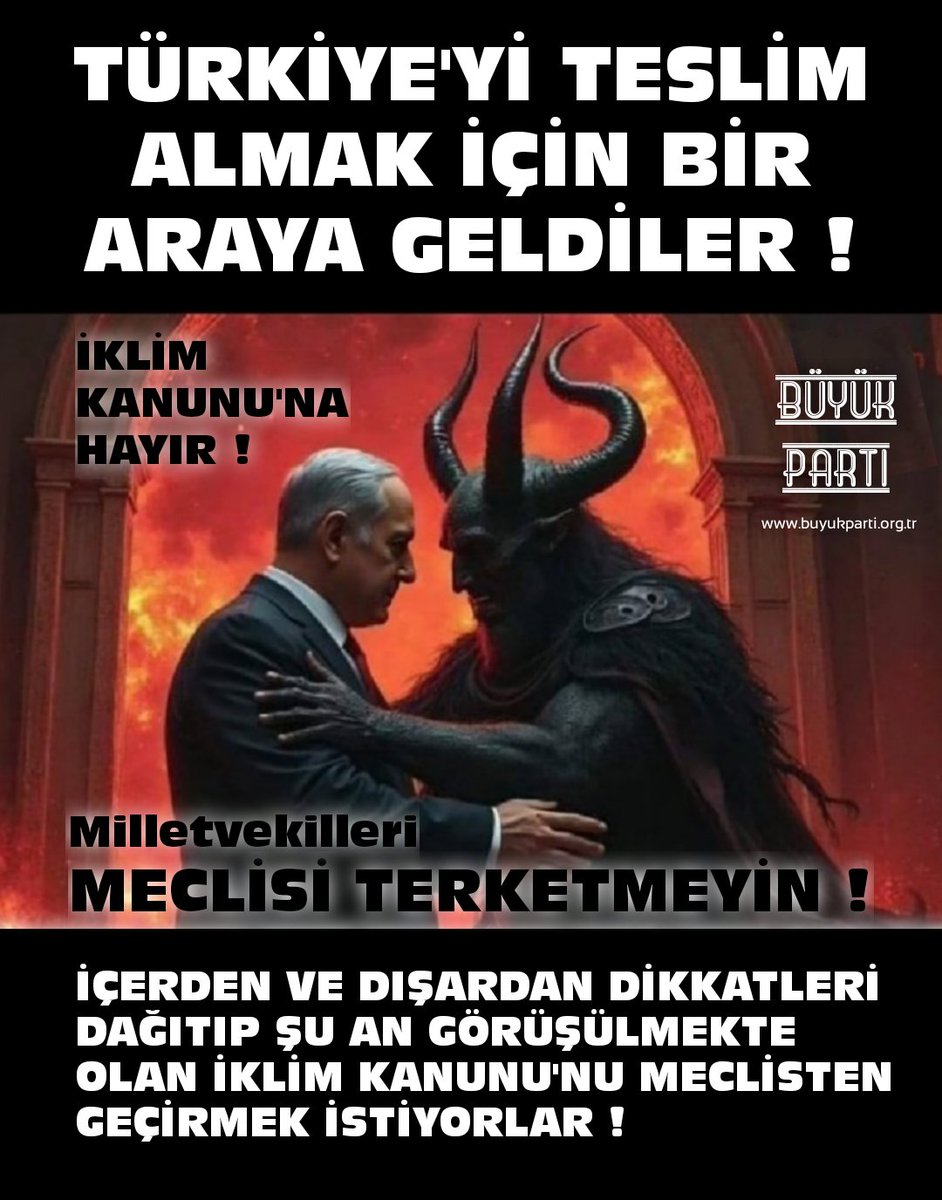 MikdatErtemTR's tweet photo. TARİHİ UYARIMIZI YİNELİYORUZ !!!
İKLİM KANUNU'NU GERİ ÇEKİN !!!

MECLİSTE İKLİM KANUNU KAÇIRILMAYA ÇALIŞILIYOR, YANDAŞ BASINI GEÇTİK, SÖZDE MUHALEFET MEDYASI TELE1, HALK TV, SÖZCÜ TV VE KRT'NİN BİLE UMURUNDA DEĞİL. BUNLAR BİLE GÜNDEM SAPTIRMAKLA MEŞGULLER. ZİRA HEPSİ KÜRESELCİ, HEPSİ AB'Cİ. 
BİR ELİN PARMAĞINI GEÇMEYEN MİLLETVEKİLİ İLE BU KANUN NASIL ENGELLENEBİLİR. GÖRÜNEN O Kİ NEREDEYSE BU MECLİSİN TAMAMI BU TARİHİ HATANIN SORUMLUSU OLACAKLARDIR. BUNA ÇANAK TUTAN BASINI DA BİR KENARA YAZIYORUZ ELBETTE.

TEKRAREN UYARIYORUZ,
HÜKÜMET BU KANUNDAN ABD, RUSYA VE ÇİN GİBİ DERHAL VAZGEÇMELİDİR. BU KANUNU GERİ ÇEKMELİDİR.
İKTİDAR MUHALEFET TÜM MİLLETVEKİLLERİ DERHAL KENDİLERİNE GELMELİDİRLER ! DEVLETİMİZİN VE MİLLETİMİZİN BEKASI TEHLİKEYE ATILMAMALIDIR.

KÜRESELCİ SİYONİSTLER İÇERDE VE DIŞARDA DİKKATLERİ DAĞITARAK, BÜYÜK BİR ALGI MÜHENDİSLİĞİNE İMZA ATIYORLAR. TÜM VATANPERVER MİLLETVEKİLLERİ ŞU AN MECLİSTE GÖRÜŞÜLMEKTE OLAN İKLİM KANUNU'NA ÇOK GÜÇLÜ ŞEKİLDE MUHALEFET EDİP, DIŞARDA NE OLURSA OLSUN MECLİSİ TERKETMEDEN BU SÖZDE KANUNUN MECLİSTEN GEÇMESİNE ENGEL OLMALIDIRLAR  !

Mikdat ERTEM / BÜYÜK PARTİ GENEL BAŞKANI 
____

Son Dakika Tel Aviv Mahmut Tanal Yılmaz Özdil Tehlike Geliyor Öğretmenler İsrail ABD Trump İran
İklim Kanunu Meclis Büyük Parti 

___

@aDilipak @Deniz_Zeyrek @umitozdag @yavuzyilmazd @yavuzagiraliog @eczozgurozel @MDervisogluTR
@Mustafa_Destici  @erkbas @ekrem_imamoglu @mansuryavas06 @Ahmet_Davutoglu @alibabacan @mahmutarikansp @Dogu_Perincek @ComezTurhan 
@cafermahiroglu @birolaydinSP @akadirkaraduman
@nihal01 @avukatayhanerel @avHCYilmaz @berilgumus @CaferGunesSP @avbulentkaya @adnansimit @Mesutdogan060 @avsinantekin
@VarolEsen  @ipekkozbey  @AvarBanu @Yilmaz_Ozdill 
@MuratYetkin2 @OguzhanUgur  @barisyarkadas @ismailsaymaz  @barispehlivan @selcukktepeli @cigdemtoker  @MaliGuller @merdanyanardag @AtayFerit @emrkongar @fatihportakal