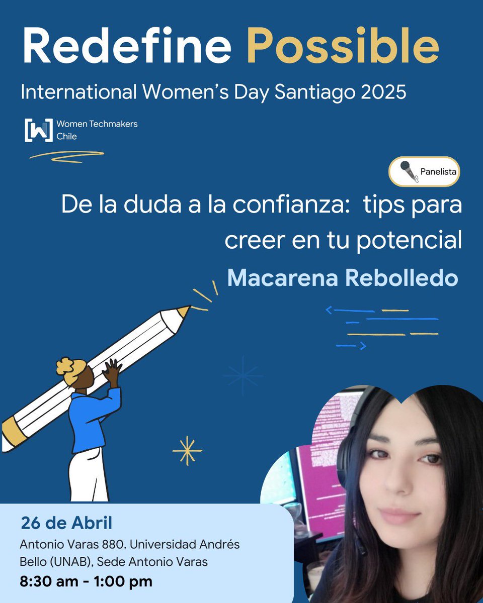 𝗦𝗽𝗲𝗮𝗸𝗲𝗿 𝗰𝗼𝗻𝗳𝗶𝗿𝗺𝗮𝗱𝗮 🙌 😎

𝗜𝗻𝘀𝗰𝗿𝗶𝗯𝗲𝘁𝗲 𝗮 𝗻𝘂𝗲𝘀𝘁𝗿𝗼 𝗲𝘃𝗲𝗻𝘁𝗼 𝗽𝗿𝗲𝘀𝗲𝗻𝗰𝗶𝗮𝗹:
"Redefine Possible"

✍️wtm.cl 
🗓️26 de abril 🎉
📍Antonio Varas 880, 𝘚𝘵𝘨𝘰

<a href="/mojonapower/">Macarena Rebolledo</a> 

#womentechmakers