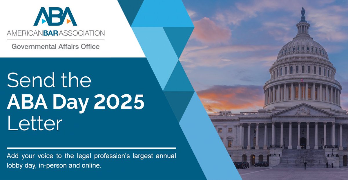ABAGrassroots's tweet image. ABA Day 2025 starts tomorrow! While advocates head to the Hill, you can act today.
1) Send your ABA Day letter to Congress: americanbar.quorum.us/campaign/11657…

2) Register for tomorrow’s online broadcast: americanbar.quorum.us/abaday/
#ABADay2025