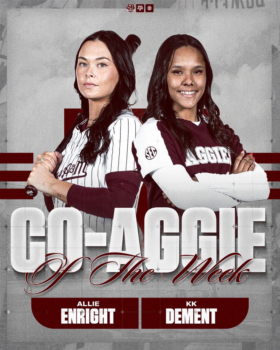 Texas A&M Softball (@aggiesoftball) on Twitter photo A few Aggies that stood out this week 🥎👍
➡️ <a href="/emilyleavitt25/">emily leavitt🦋</a>
➡️ <a href="/allieenrightt/">allie</a>
➡️ <a href="/DementKk/">Khamara “KK” Dement</a>
#GigEm A few Aggies that stood out this week 🥎👍
➡️ <a href="/emilyleavitt25/">emily leavitt🦋</a>
➡️ <a href="/allieenrightt/">allie</a>
➡️ <a href="/DementKk/">Khamara “KK” Dement</a>
#GigEm