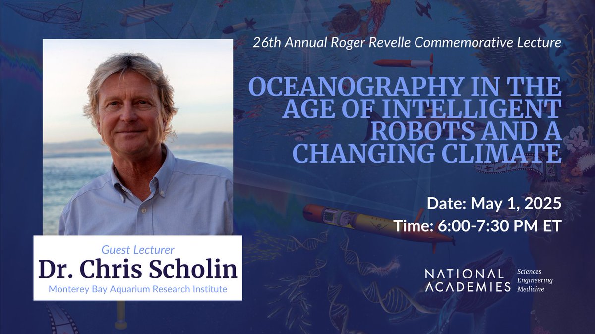The ocean is changing fast—and so is how we study it.

Join <a href="/theNASEM/">National Academies</a> 5/1 for the 26th annual Roger Revelle Lecture, where Dr. Chris Scholin (<a href="/MBARI_News/">MBARI</a>) will discuss how autonomous robots are revolutionizing oceanography in a warming world.

RSVP: ow.ly/ZJcH50VwWpa