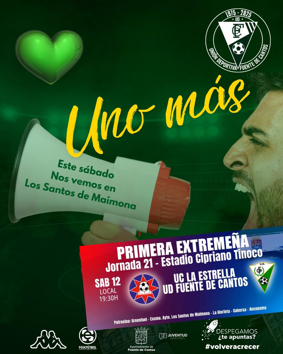 💚 ¡UNO MÁS!

Este sábado tenemos una nueva cita con el fútbol. Nos vemos en Los Santos de Maimona para animar al equipo!

📍 Estadio Cipriano Tinoco
🗓 Sábado 12 - 19:30H
⚽ UC La Estrella 🆚 UD Fuente de Cantos

💥 ¡Vamos a llenar las gradas de verde !

#VolverACrecer