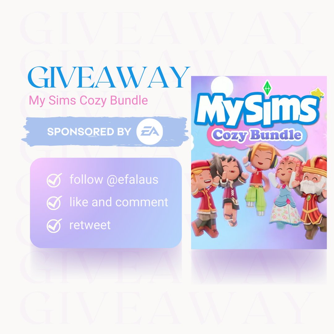 efalaus's tweet photo. 💙SPONSORED GIVEAWAY 💙

Free EA code for MySims Cozy Bundle! It contains MySims and MySims Kingdom! 👑

To Enter: 
- Follow @efalaus
- Like &amp; comment 
- Retweet  

The winner will be announced on April 15th! 🫶
#Sponsored #EA #TheSims4 #Ad https://t.co/vmHzlNAvx8