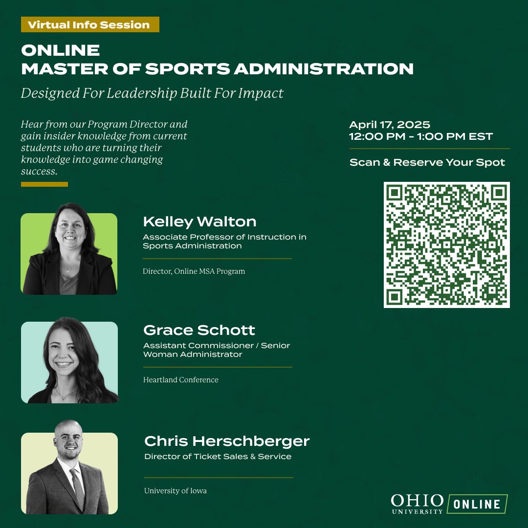 Looking for an online sports graduate program that will provide you with professional development and an engaged alumni network? 

Join us on Thursday, April 17th for an info session where we will give you insights into the OMSA program and you'll hear from current students about