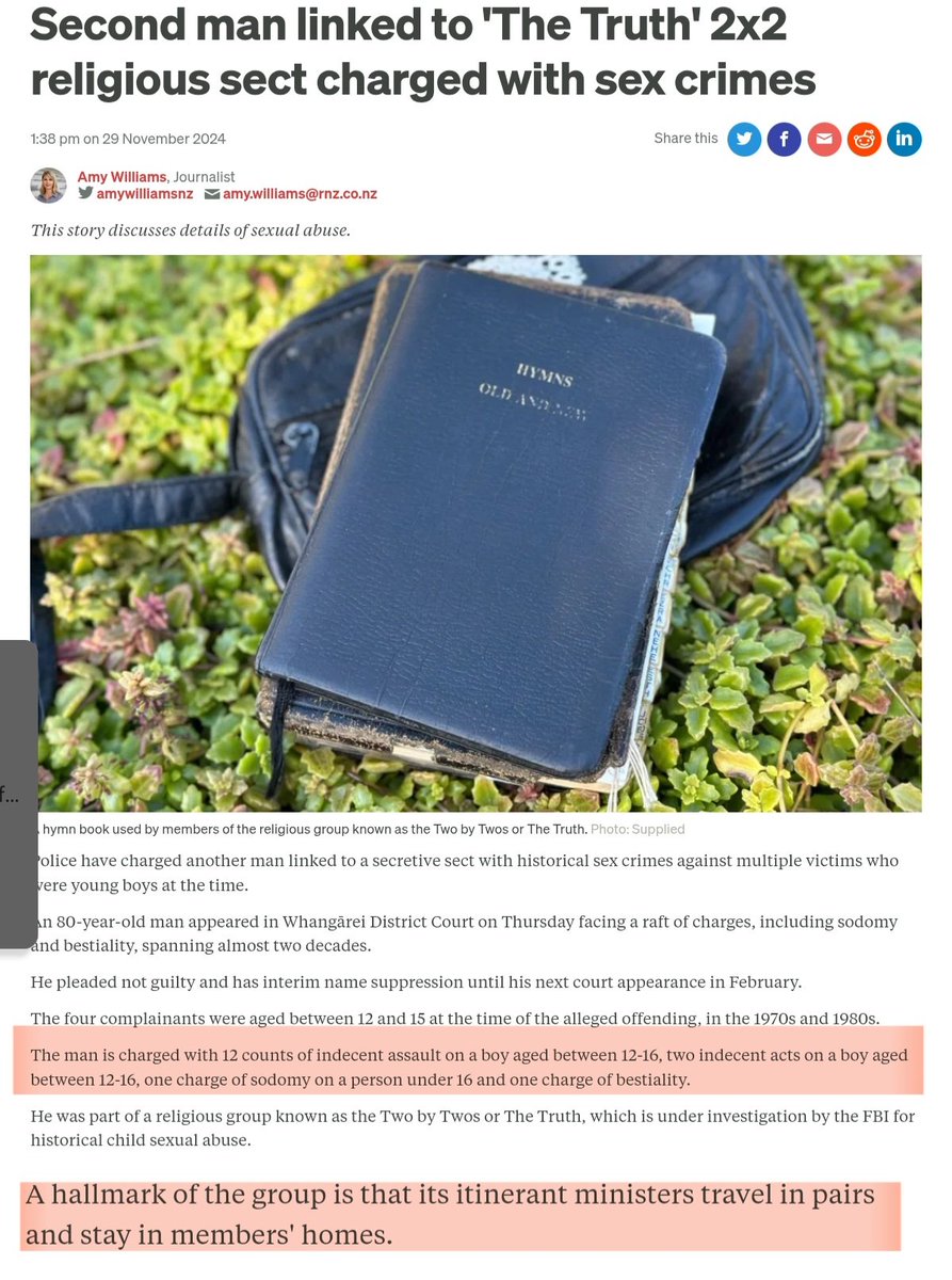 Tuituituitui11's tweet photo. @dpfdpf Police have charged another man linked to a secretive sect with historical sex crimes including sodomy and bestiality, against multiple victims who were young boys at the time.

A hallmark of the group is that its itinerant ministers travel in pairs and stay in members' homes https://t.co/j87WLWbBz9