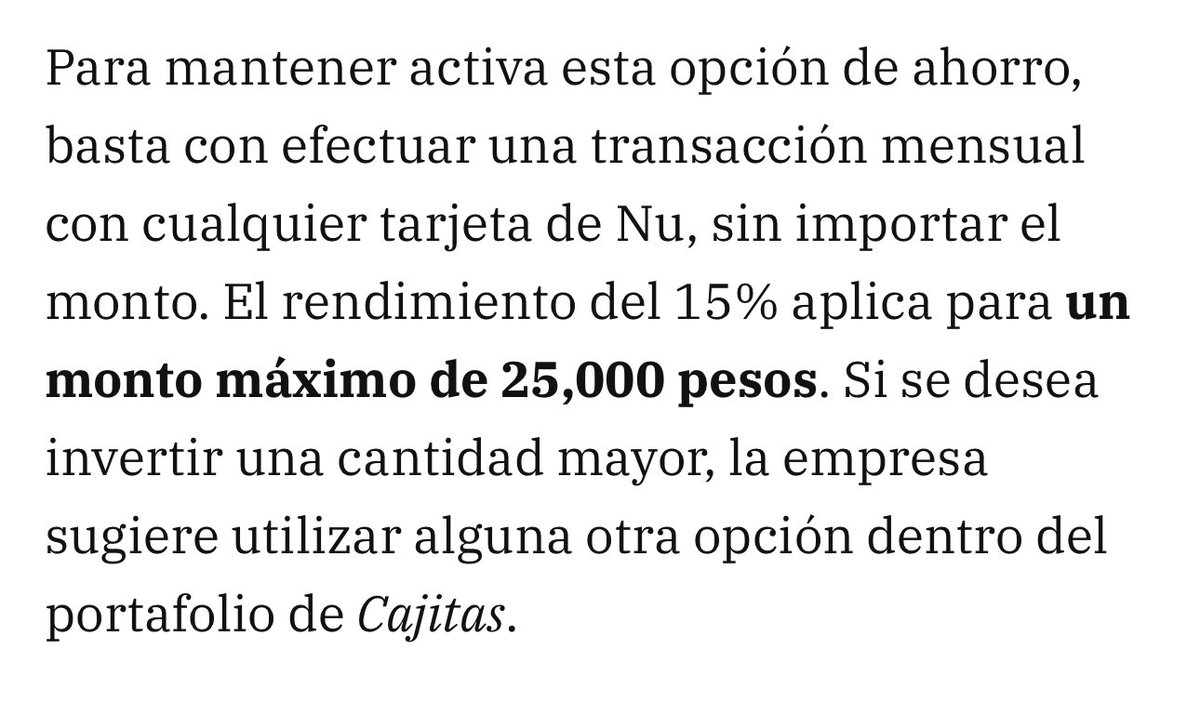 Telefonia_MX's tweet photo. 🫨 Regresa el 15% de Nu para sus nuevas Cajitas Turbo, PERO…

⚠️ Sólo está disponible para un monto máximo de 25,000 pesos, si dicho monto es mayor, se tendrá que aplicar la tasa vigente en ese momento de acuerdo a la vigencia

💳 También es solo para clientes “activos” (al menos 1 compra con tarjeta de débito/crédito mensual)

💬 Utilizarás esta nueva cajita?