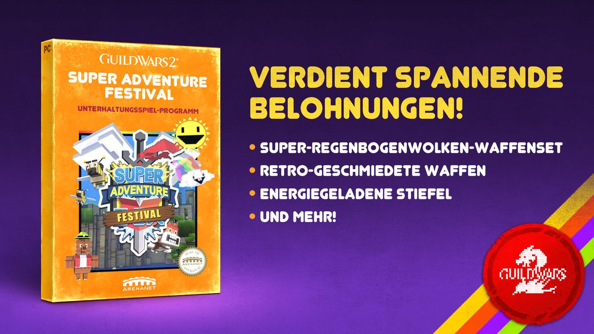 🕹️ MACHT EUCH BEREIT ➡ DAS SUPER ADVENTURE FESTIVAL IST WIEDER DA! 🕹️
Macht euch bereit – vom 15. April bis zum 6. Mai stürzt ihr euch in den pixeligen Wahnsinn der Super Adventure Box in #GuildWars2!  Bereit, eure Beute aufzuwerten? 
#GW2 #SuperAdventureFestival