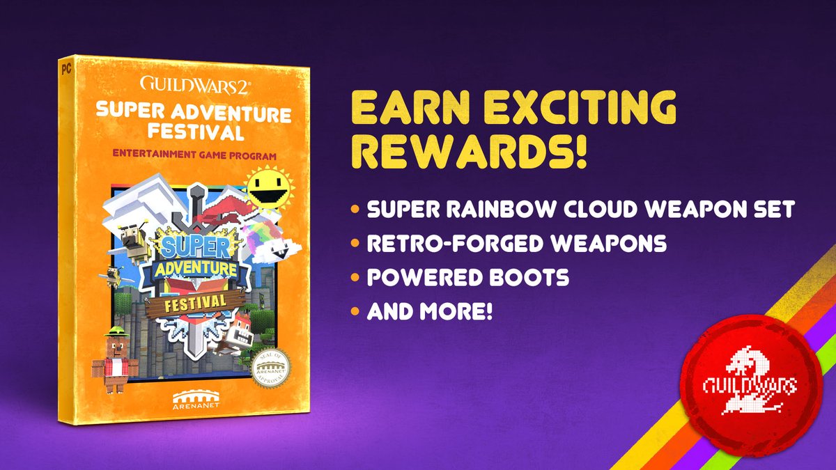 GuildWars2's tweet photo. 🕹️ READY PLAYER ➡ SUPER ADVENTURE FESTIVAL IS BACK! 🕹️
Power up - from April 15 – May 6, jump into the pixelated madness of  the Super Adventure Box in #GuildWars2!  Are you ready to level up your loot? 
#GW2 #SuperAdventureFestival https://t.co/7EG7OAasT0