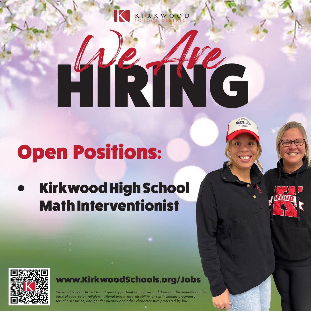 The Kirkwood School District is hiring, visit kirkwoodschools.org/jobs to learn more!