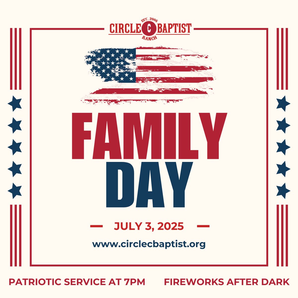 We are so excited for Family Day at Circle C Baptist Ranch on July 3!
This year, we are having our patriotic service in the evening at 7pm on July 3. Fireworks will follow the service after dark. 
circlecbaptist.org/junior/family-…
<a href="/drjefffugate/">Pastor Jeff Fugate</a> <a href="/CalebYo38194949/">Caleb Young</a> <a href="/JamesTienhaara/">James Tienhaara</a>