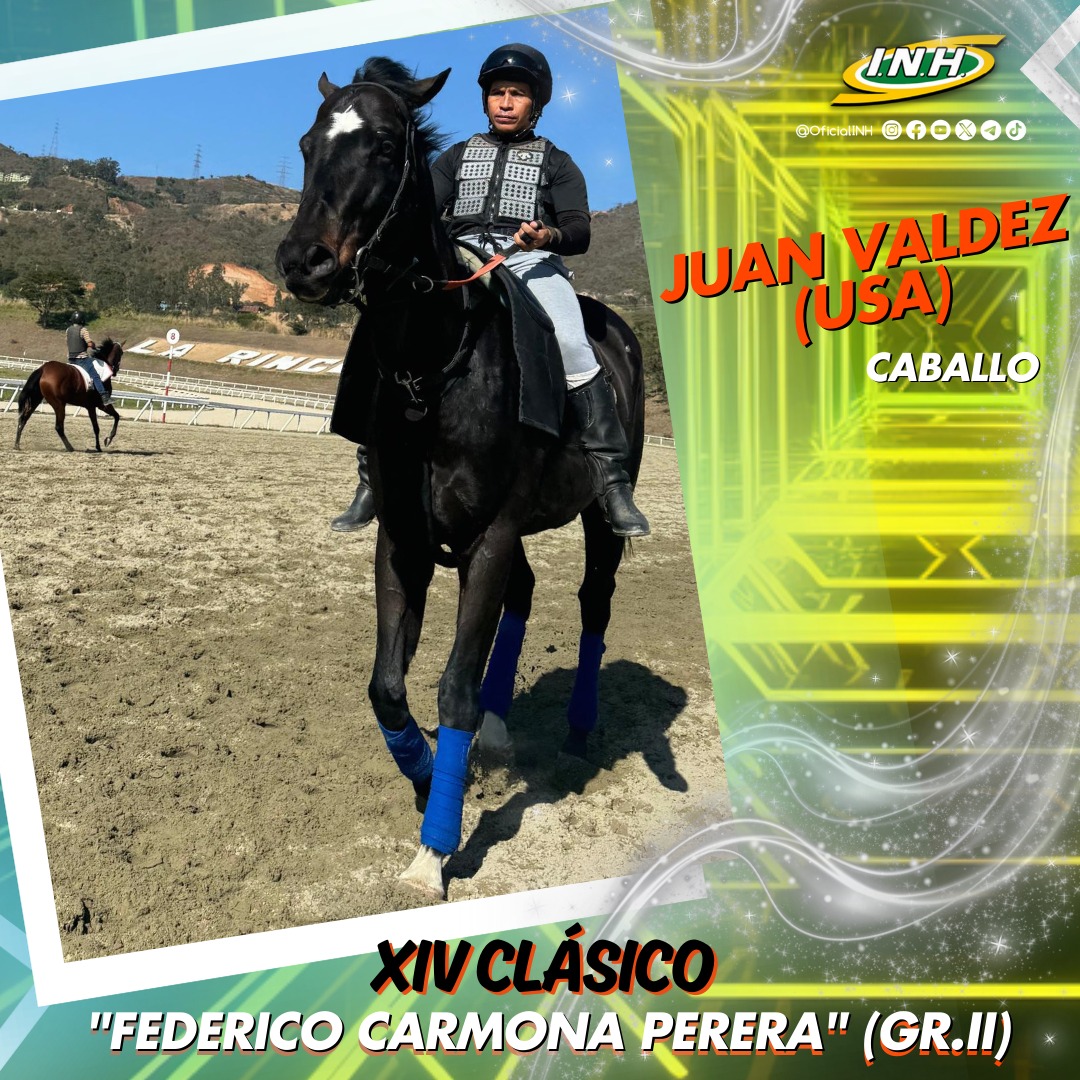 🐴El caballo "Juan Valdez" (USA) participará este domingo 13 de abril en el XIV Clásico "Federico Carmona Perera" (Gr. II)🏆. 

🥇El pupilo de Carlos Luis Uzcátegui será conducido por el jinete profesional, Jaime Lugo Jr. 

#Hipismo