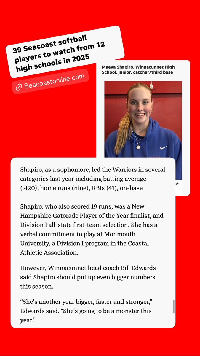 Thank you to my coaches for nominating me as a Seacoast Softball Player to Watch this season. <a href="/winawarsoftball/">@WinaWarSoftball</a> <a href="/18uCovino/">Rip City Gold National</a> <a href="/SoftballRip/">Rip City USA Softball</a> <a href="/MonmouthSB/">Monmouth Softball</a> <a href="/MorganRoyer/">Morgan Royer</a>