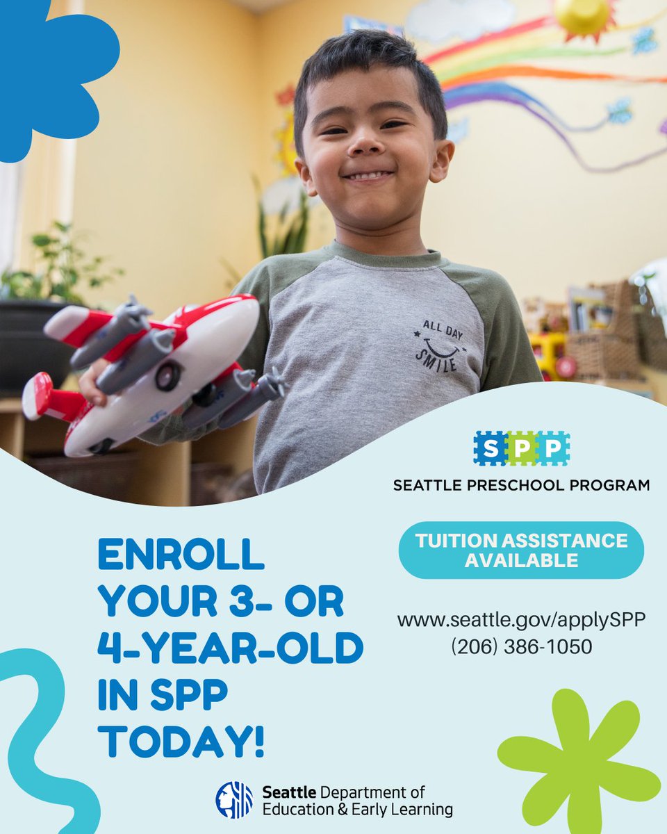 SeattleDEEL's tweet photo. #SeattlePreschoolProgram prepares children, regardless of income, to enter #kindergartenready with the skills they need to succeed. Apply now through April 15 to secure your child’s spot at https://t.co/fb5I5pXcQf. Need help? Contact us (206) 386-1050 for in-language assistance. https://t.co/HULoEaN5d3