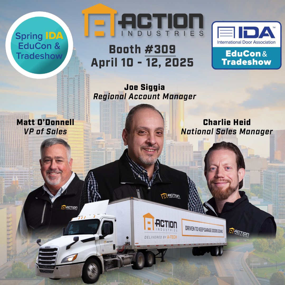 Who's ready for the 2025 IDA Spring EduCon? 🙌 Catch the Action team at Booth #309 at the Westin Buckhead Atlanta! Let's talk industry insights, what sets us apart, and how we can build lasting partnerships. See you there! 🚪🔧 #IDAEduCon #DrivenToKeepGarageDoorsGoing