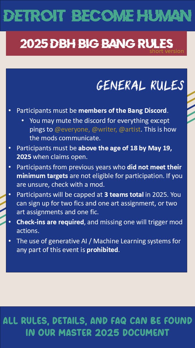 DBHBB2025's tweet photo. 3 weeks until signups close! 
Want to join the #dbh Big Bang but unsure what will be asked of you? Find the abridged version below.

To sign up, join our discord (https://t.co/gtx8dIcEOT) and fill out the writer or artist sign up form. 

#dbhbb2025 #DetroitBecomeHuman https://t.co/G3Kw8jh9nP