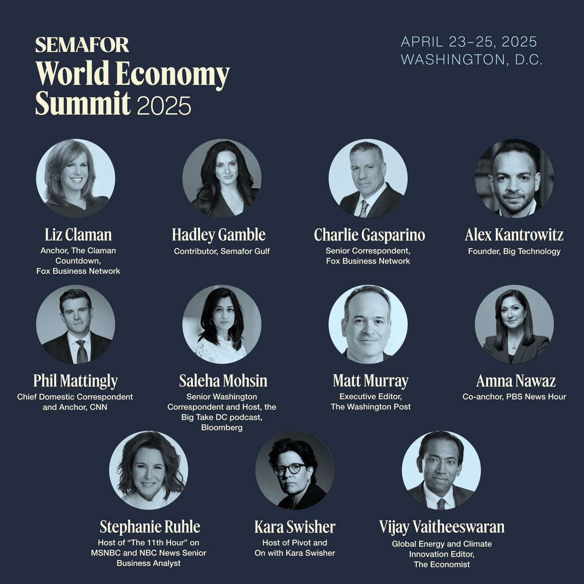 Semafor (@semafor) on Twitter photo š” Semaforās reporters and editors will be joined by guest hosts <a href="/LizClaman/">Liz Claman</a>, <a href="/_HadleyGamble/">Hadley Gamble</a>, <a href="/CGasparino/">Charles Gasparino</a>, <a href="/Kantrowitz/">Alex Kantrowitz</a>, <a href="/Phil_Mattingly/">Phil Mattingly</a>, <a href="/SalehaMohsin/">Saleha Mohsin</a>, <a href="/murraymatt/">Matt Murray</a>, <a href="/IAmAmnaNawaz/">amna</a>, <a href="/SRuhle/">Stephanie Ruhle</a>, <a href="/karaswisher/">Kara Swisher</a>, and <a href="/VVVijayEconBiz/">VijayV.Vaitheeswaran</a>, at the World Economy Summit.
They'll sit down with top š” Semaforās reporters and editors will be joined by guest hosts <a href="/LizClaman/">Liz Claman</a>, <a href="/_HadleyGamble/">Hadley Gamble</a>, <a href="/CGasparino/">Charles Gasparino</a>, <a href="/Kantrowitz/">Alex Kantrowitz</a>, <a href="/Phil_Mattingly/">Phil Mattingly</a>, <a href="/SalehaMohsin/">Saleha Mohsin</a>, <a href="/murraymatt/">Matt Murray</a>, <a href="/IAmAmnaNawaz/">amna</a>, <a href="/SRuhle/">Stephanie Ruhle</a>, <a href="/karaswisher/">Kara Swisher</a>, and <a href="/VVVijayEconBiz/">VijayV.Vaitheeswaran</a>, at the World Economy Summit.
They'll sit down with top