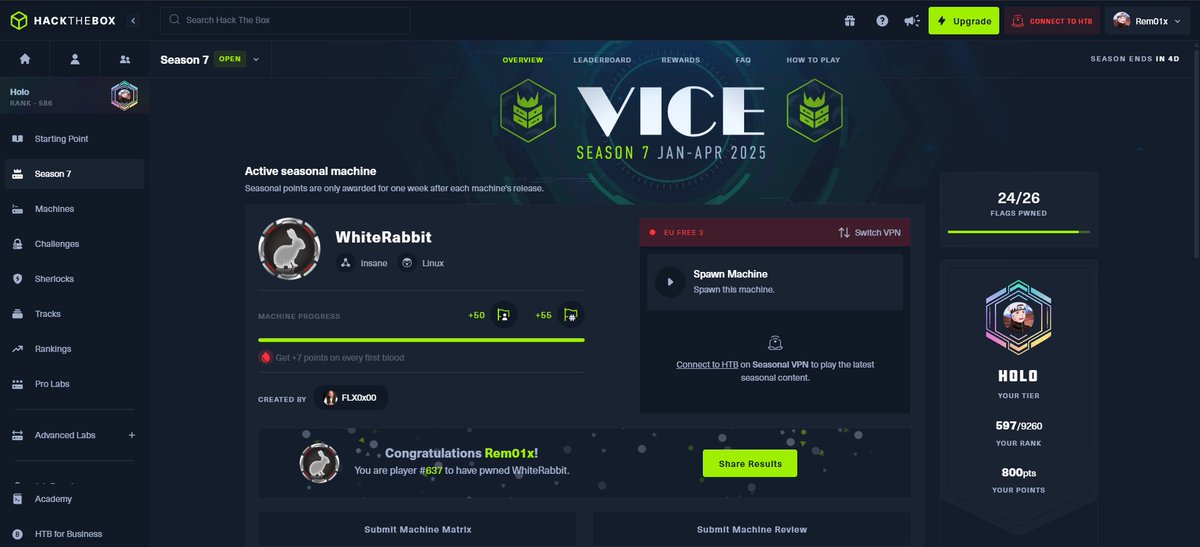 Super excited to share that I’ve rooted the WhiteRabbit machine on Hack The Box — a clever and challenging box that pushed my skills further down the rabbit hole.

Follow And Respect me on my HackTheBox Profile: app.hackthebox.com/profile/1080501