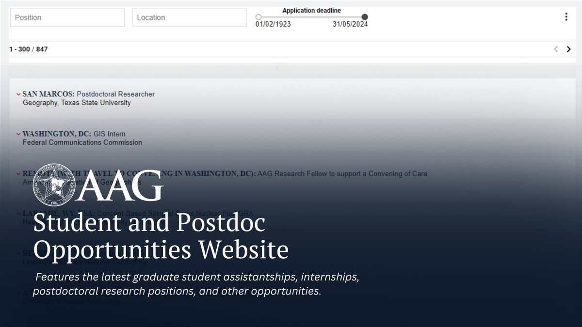 Hey students! AAG’s Student and Postdoc Opportunities website features the latest positions, programs, and opportunities for geography students. Geography departments regularly add new opportunities, so check back often to view the latest listings. bit.ly/3Zq9sA4