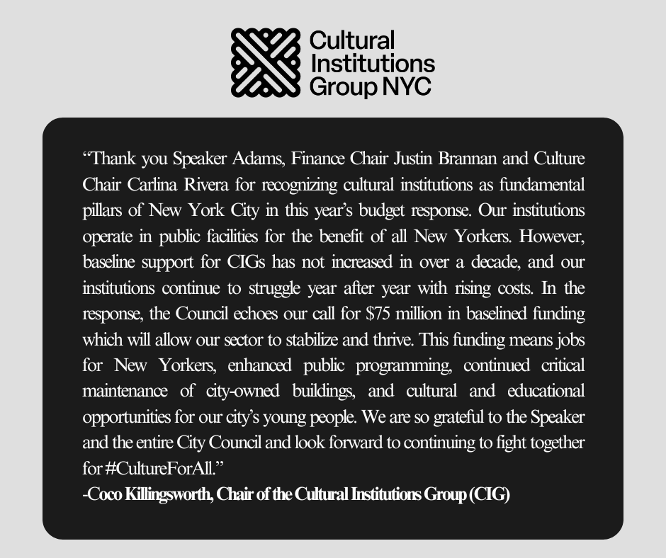CIGNYC's tweet photo. Thank you @NYCSpeakerAdams , Finance Chair @JustinBrannan and Culture Chair @CMCarlinaRivera  for recognizing cultural institutions as fundamental pillars of New York City in this year’s budget response. https://t.co/p9lusdO58f
