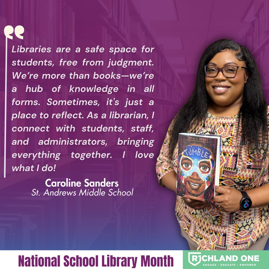 Richland One Schools (@richlandone) on Twitter photo April is #SchoolLibraryMonth, and we're celebrating the impact libraries have on our students.
We asked librarians across Richland One why libraries are essential in shaping young minds.
Here's what Caroline Sanders, the librarian at <a href="/SAMSSaintsSoar/">St Andrews MS Saints</a>, had to say. April is #SchoolLibraryMonth, and we're celebrating the impact libraries have on our students.
We asked librarians across Richland One why libraries are essential in shaping young minds.
Here's what Caroline Sanders, the librarian at <a href="/SAMSSaintsSoar/">St Andrews MS Saints</a>, had to say.