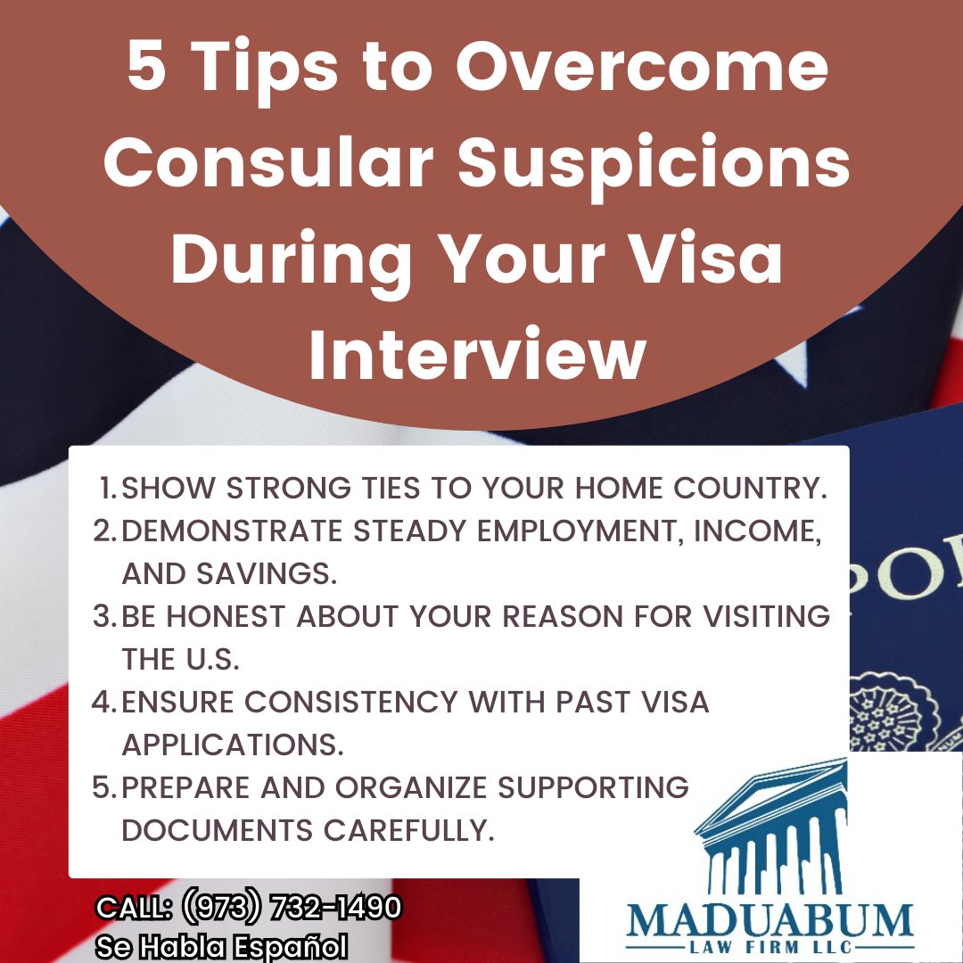 MaduabumLawFirm's tweet image. Need help preparing for your visa interview?
Maduabum Law Firm LLC provides experienced immigration counsel to help you present your best case.

Schedule a consultation today.
Call: (973) 732-1490

#ImmigrationLaw #VisaInterviewTips #USVisa #LegalHelp #MaduabumLawFirmLLC