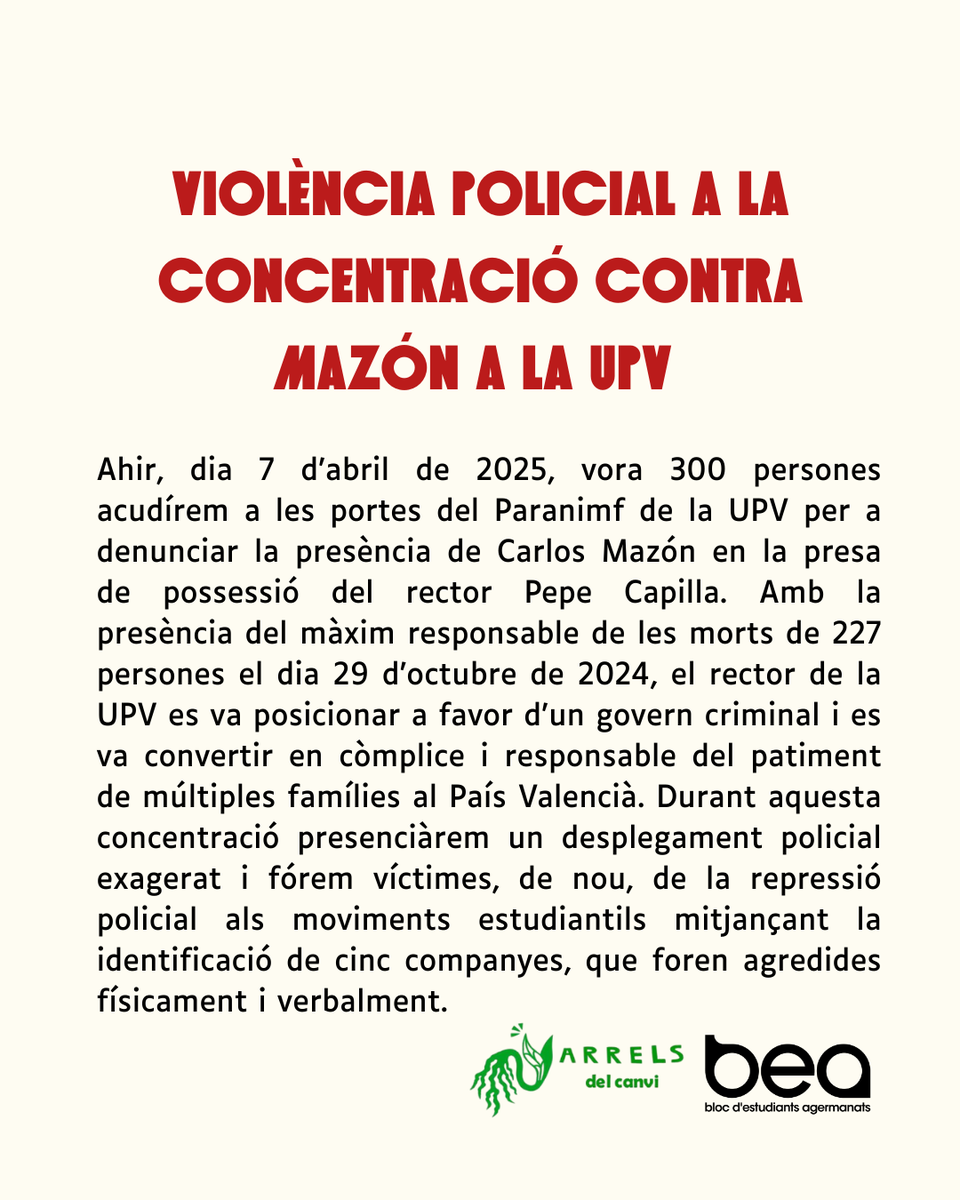 bea_UV's tweet photo. Davant de la repressió policial: resistència‼️
Hem de continuar denunciant les injustícies per a defensar les nostres llibertats en les universitats públiques. https://t.co/rZCWoiW24p