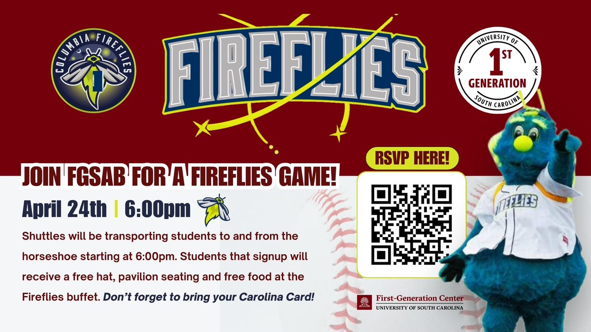 USCFIRST_GEN's tweet image. ⚾️ Join the First-Gen Student Advisory Board on April 24!
*Free buffet (6–7:30pm or until it runs out!)
*Free Fireflies hat
*Free Pavilion seating
✨SIGN UP HERE: ow.ly/EuL950VwXI1
@uofsc #Uofsc #FirstGenGamecocks