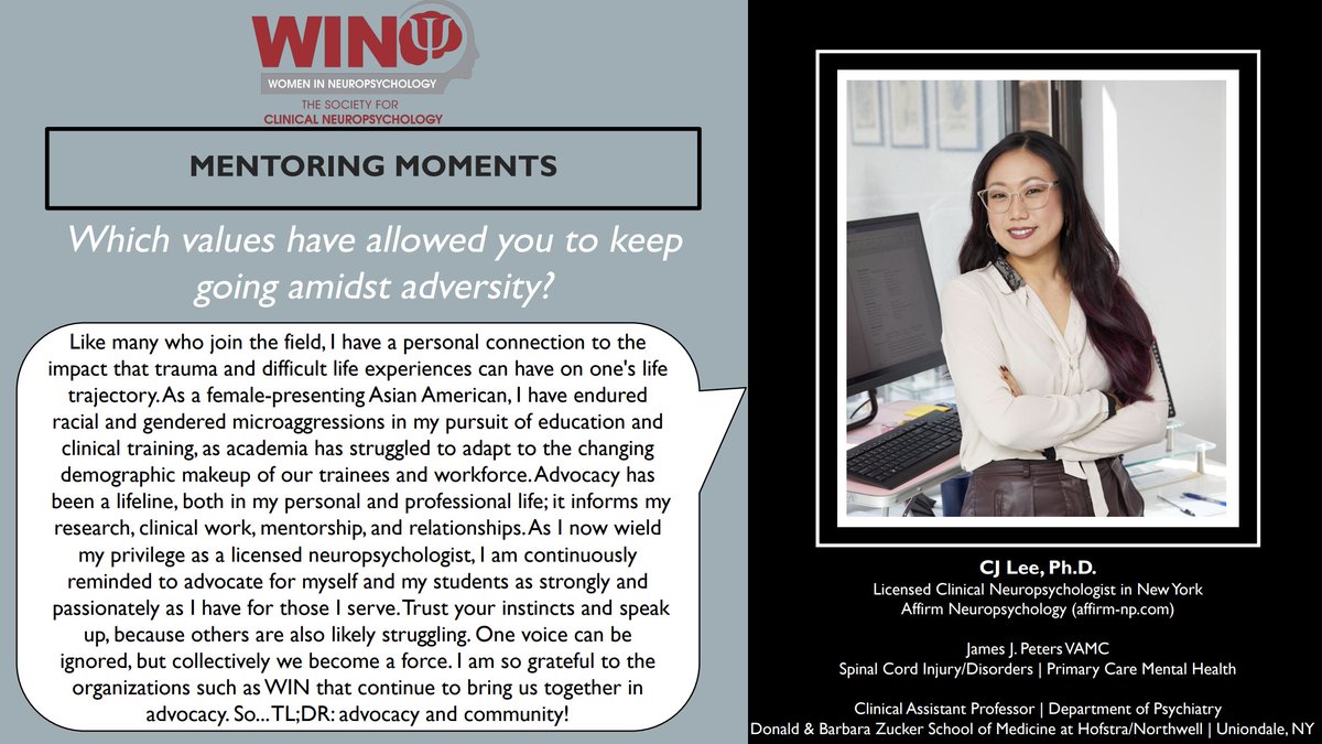 April's Mentoring Moment is from Dr. CJ Lee, a neuropsychologist at Affirm Neuropsychology and James J. Peters VAMC and clinical assistant professor at Hofstra!     

Dr. Lee shares important advice for managing adversity.

📢 Check it out at scn40.org/win/
