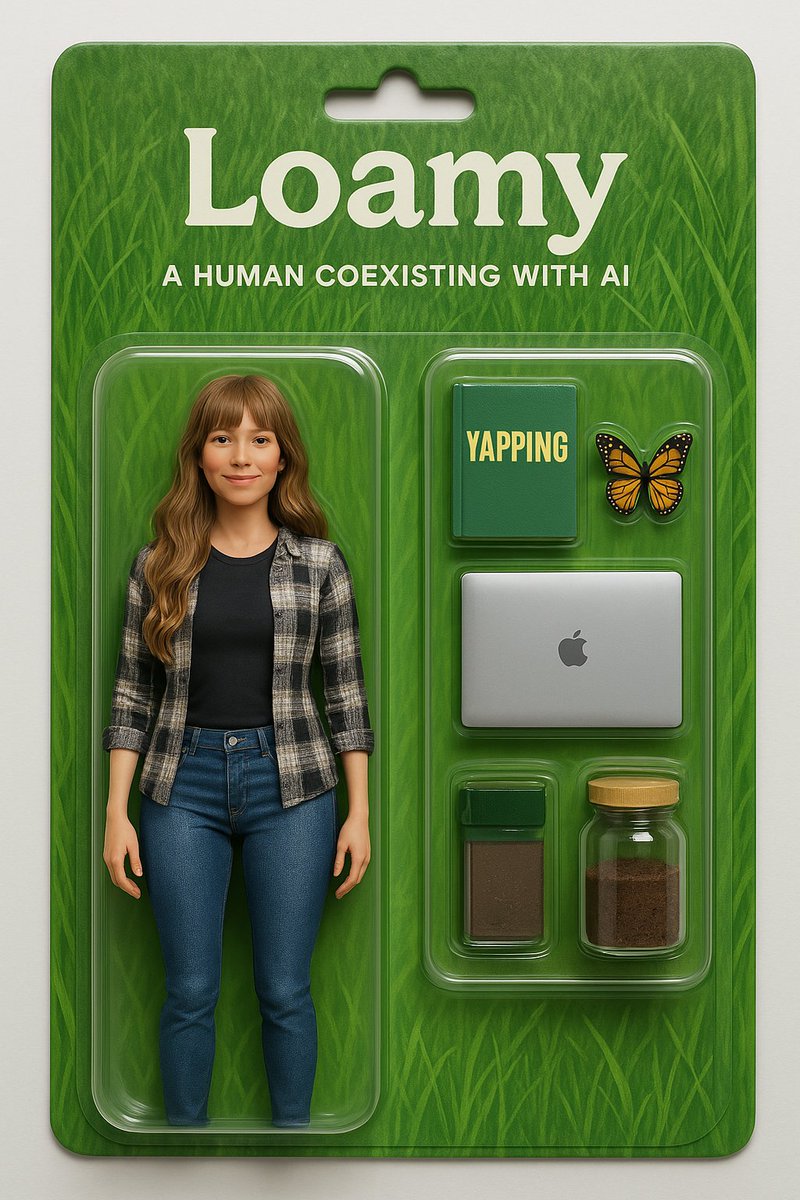 I tried the #aiactionfigure trend. It forgot to generate feet. lmao

My action figure's accessories include: a book about yapping, a macbook, a butterfly, two jars of dirt. It's of course on a grass themed card, so that Loamy is touching grass.
