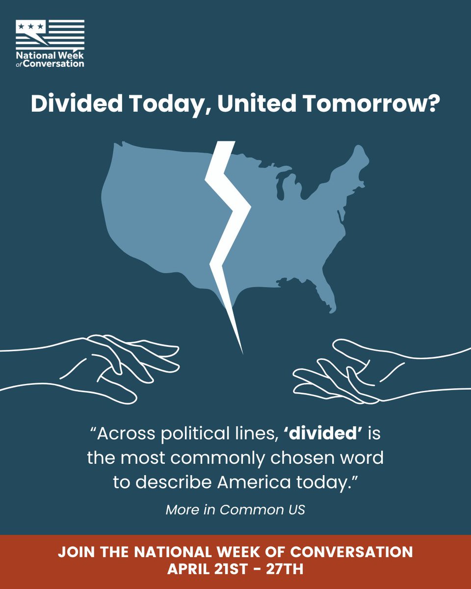 ListenFirstProj's tweet image. America feels more divided than ever—but conversations can bring us back together. Join the National Week of Conversation from April 21st-27th and be part of the movement toward unity. 🤝💙 #NWOC #UnitedNotDivided