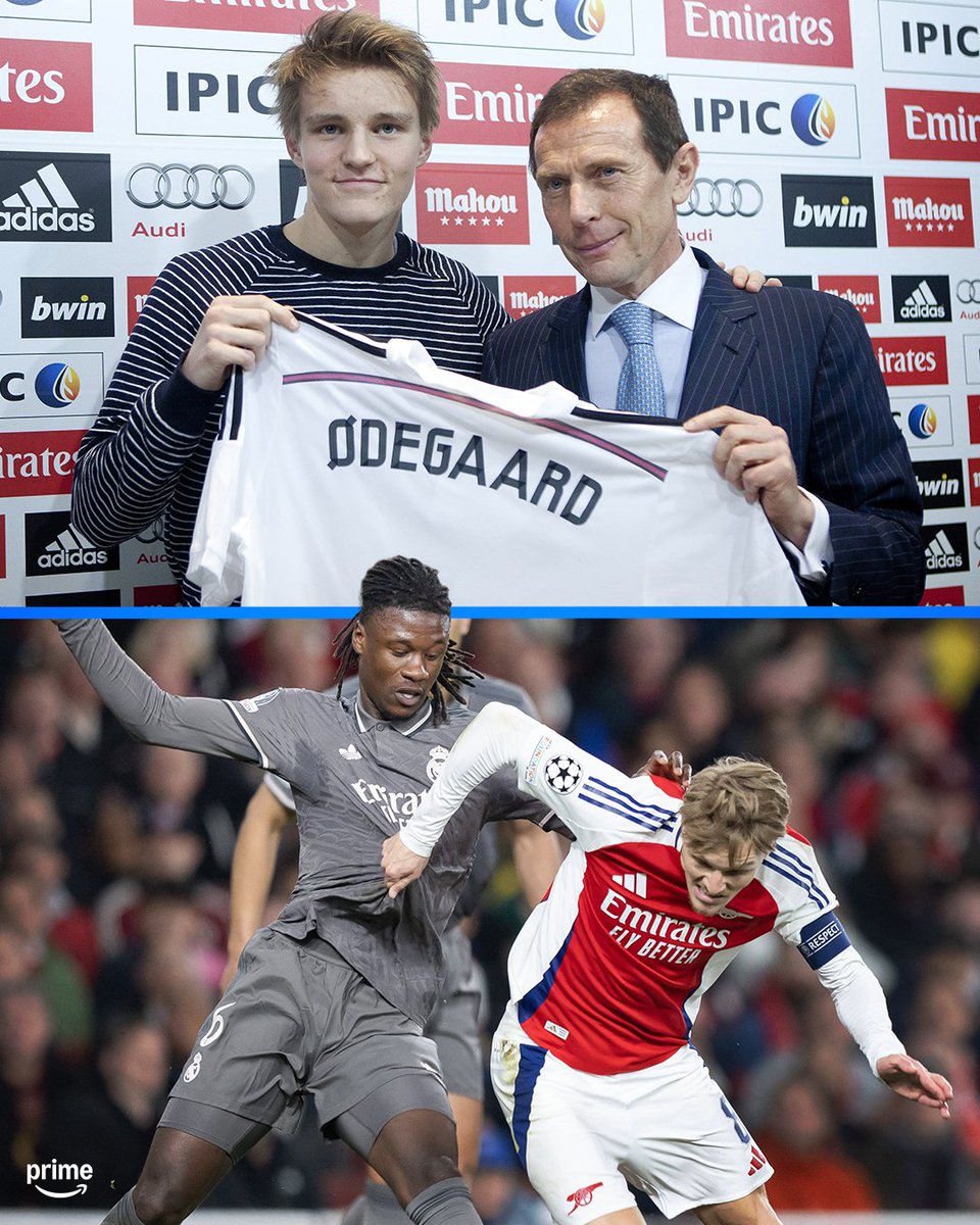 primevideosport's tweet photo. 10 years after signing for Real Madrid, Martin Odegaard holds their shirt again 😉

#UCLonPrime https://t.co/PZ4kzETKNB