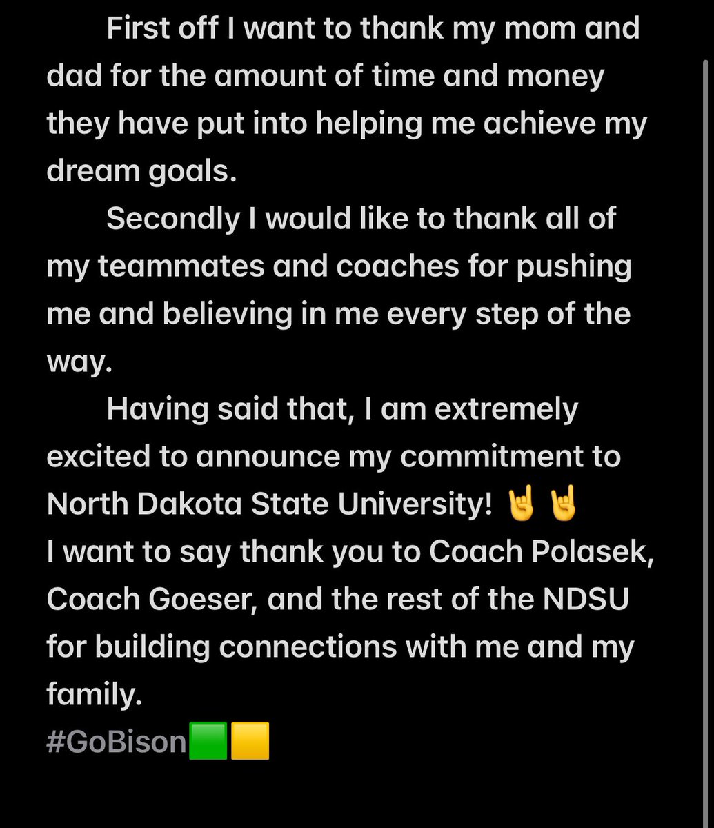 110% COMMITTED!🟩🟨

<a href="/CoachTimNDSU/">Tim Polasek</a> <a href="/NickGoeser/">Nick Goeser</a> <a href="/MisterLilly/">Patrick Lilly</a> <a href="/JoeBeschorner/">Joe Beschorner</a> <a href="/CoachLJ38/">Carlton Littlejohn</a> <a href="/CoachGrantOlson/">Coach Grant Olson</a> <a href="/NDSUfootball/">NDSU Football</a> <a href="/CoachDKlieman/">Devin Klieman</a>