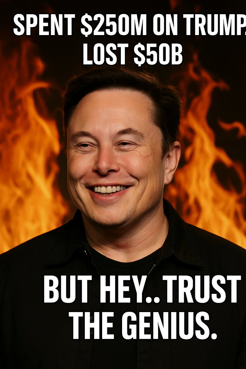 imobiliarix's tweet photo. @elonmusk @elonmusk
  dropped $250M on Trump and lost $50B. 
Genius move. Teach us, master. https://t.co/yw2u1q4bvM