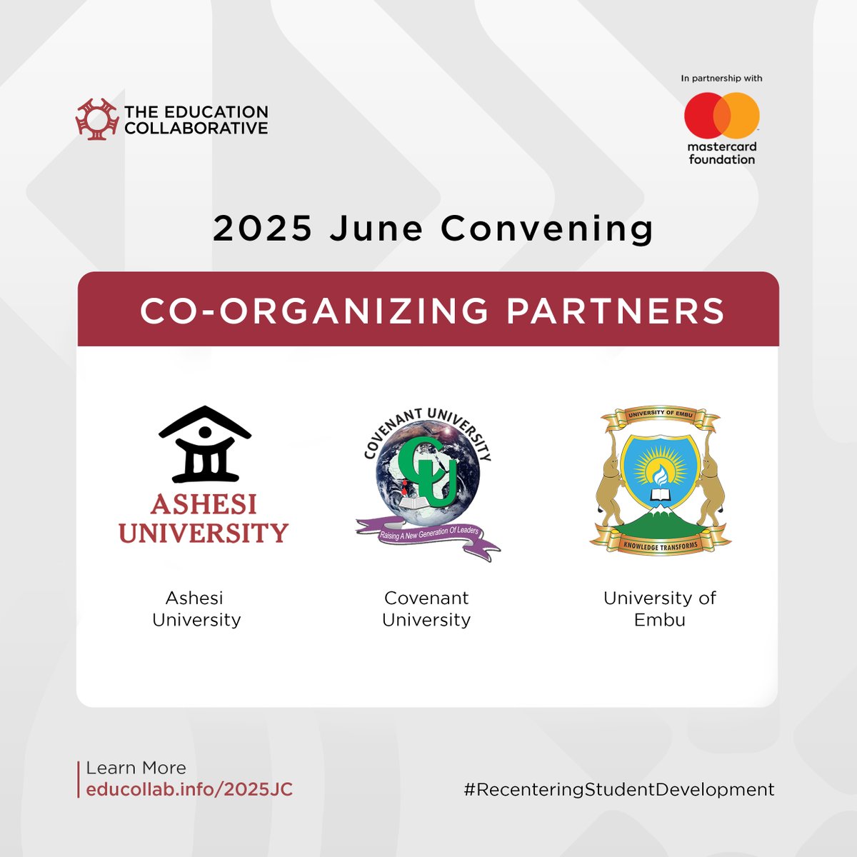 𝗔𝗻𝗻𝗼𝘂𝗻𝗰𝗶𝗻𝗴 𝟮𝟬𝟮𝟱 𝗝𝘂𝗻𝗲 𝗖𝗼𝗻𝘃𝗲𝗻𝗶𝗻𝗴 𝗖𝗼-𝗢𝗿𝗴𝗮𝗻𝗶𝘇𝗶𝗻𝗴 𝗣𝗮𝗿𝘁𝗻𝗲𝗿𝘀!
This year, we are excited to collaborate with <a href="/Ashesi/">Ashesi University</a>, <a href="/CUHEBRON/">Covenant University</a>, and <a href="/UoEmbu/">University of Embu</a> to transform student development services across higher education in Africa. We look forward to the