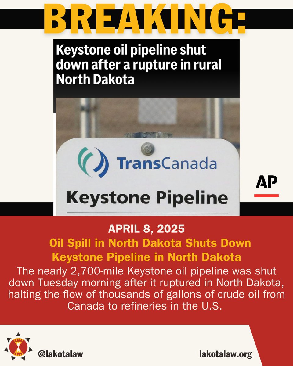 🚨 An oil spill in N. Dakota has shut down the #KeystonePipeline. N.D. Dept. of Environmental Quality said that oil surfaced about 300 yards south of a pump station &amp; was contained within two minutes. The #OilSpill is under investigation. rb.gy/629d0y #BreakingNews