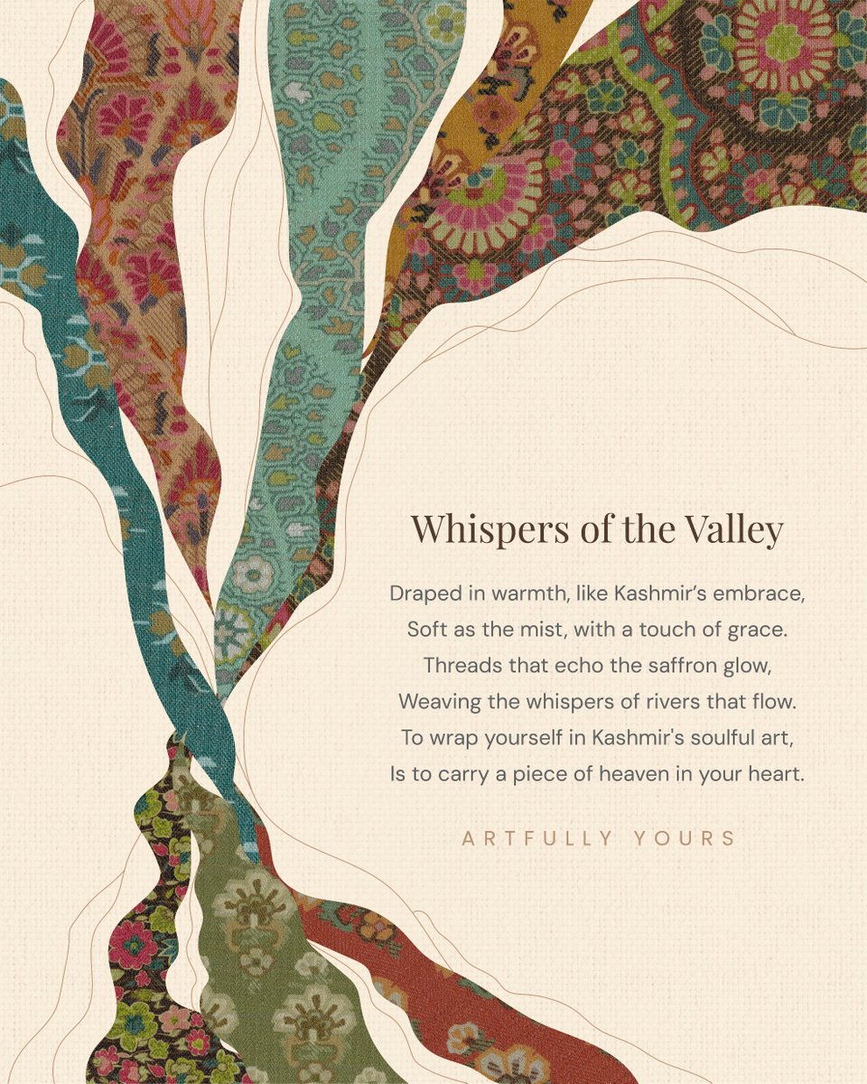 NuHomeIndia's tweet image. The valleys of Kashmir whisper secrets - soft, golden, and timeless. To drape your space in our fabrics, carrying the essence of this paradise, is to wrap yourself in warmth, in softness, in a touch of quiet grace.
.
.
#ArtfullyYours #NuHome #KashmirCollection #Kashmir