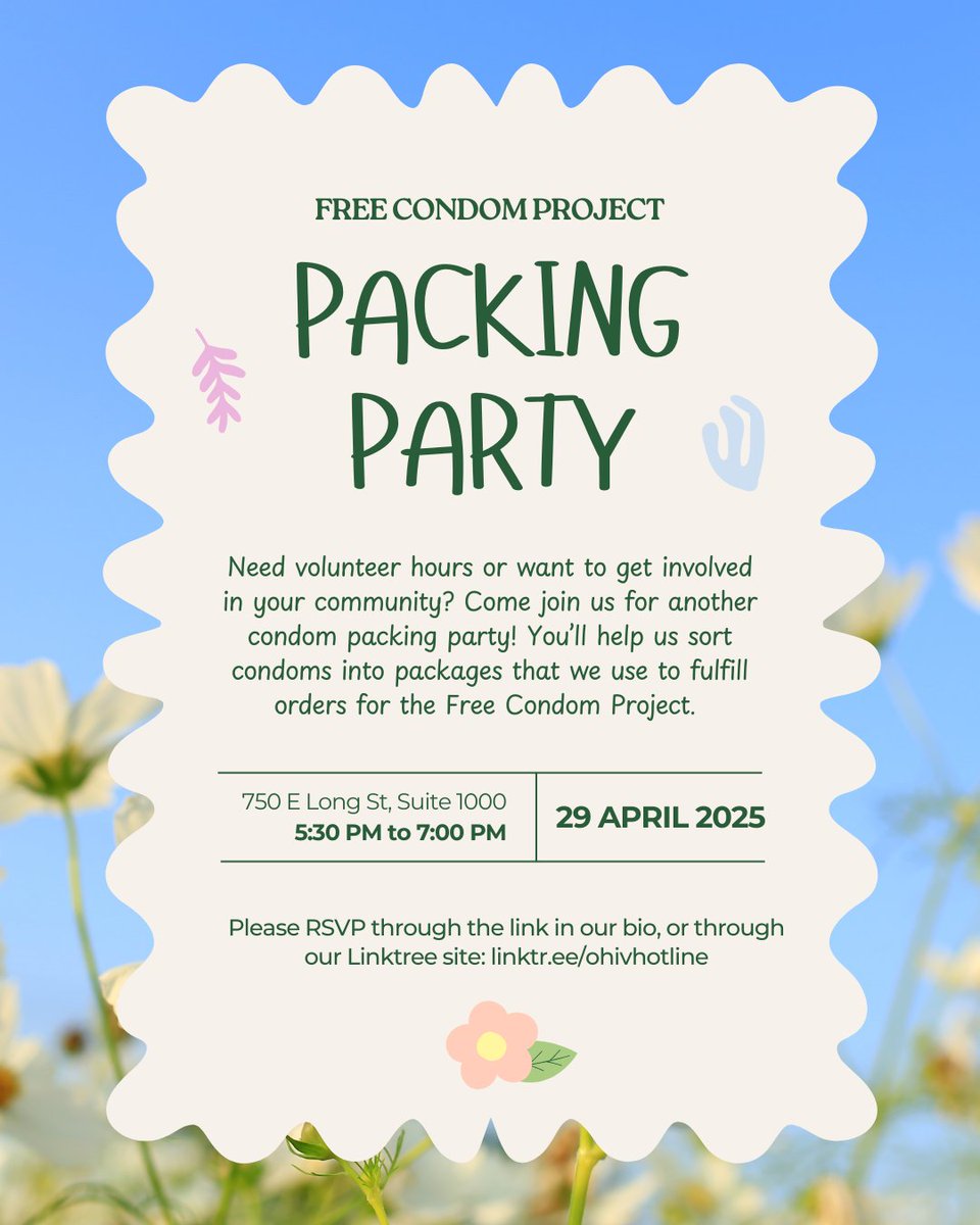 ohivhotline's tweet photo. Come join us for another springtime packing party! 🌷 Visit https://t.co/cmfHPm2hCf for more information 📝
#LGBTQ #HIV #AIDS #FreeCondomProject #OHIV https://t.co/7telV4ioYm