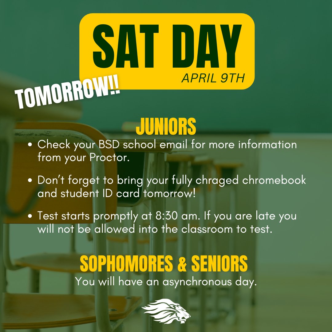 JUNIOR SAT is tomorrow! 

🚨 Sophomores and Seniors, don't forget you will work from home tomorrow!