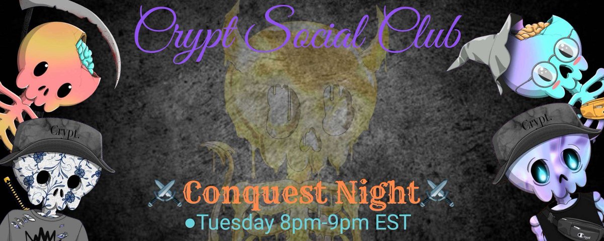 _DeathBatCult_'s tweet image. 🎮Conquest Game Night! 🎮

🕗 Tuesday 8 PM - 9 PM EST

🔥 Join us in the @cryptsocialclub Discord to battle multiple bosses in Conquest to level up your @NftScribeIO pfp nfts⚔️

💎 Leveling up your #CryptOG, #CryptOGeez, or #CryptReborn will earn you $BONES rewards!🚀