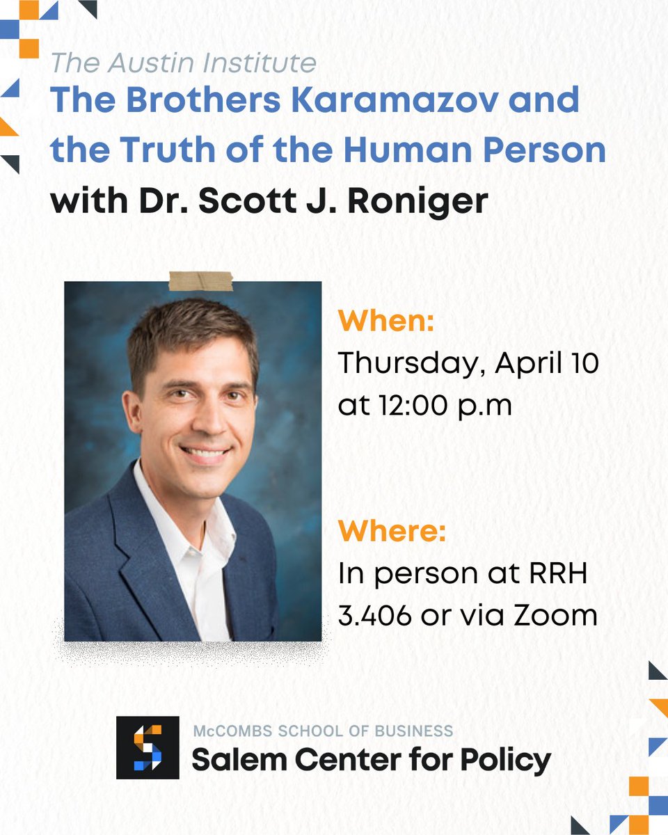 Join us on Thursday for a lecture by Dr. Scott J. Roniger in collaboration with the Austin Institute. Dr. Roniger is an Associate Professor of Philosophy at Loyola Marymount University in Los Angeles.

RSVP here: salemcenter.org/event/scott-j-…

#TexasMcCombs #Hookem #SalemCenter