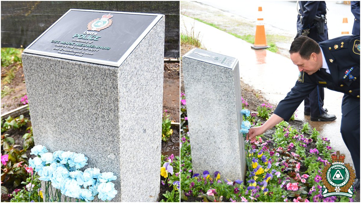 deltapolice's tweet photo. Today, we solemnly mark the 25th anniversary of Constable Mark Nieuwenhuis’ passing.

Mark tragically lost his life in an accident while responding to a call on April 8, 2000. His courage, service, and sacrifice remain a lasting part of our department’s history and identity.

During a private ceremony this morning, a memorial to Mark was unveiled at the intersection of Russell Drive and River Road — ensuring his legacy is honoured by both our department and the community.