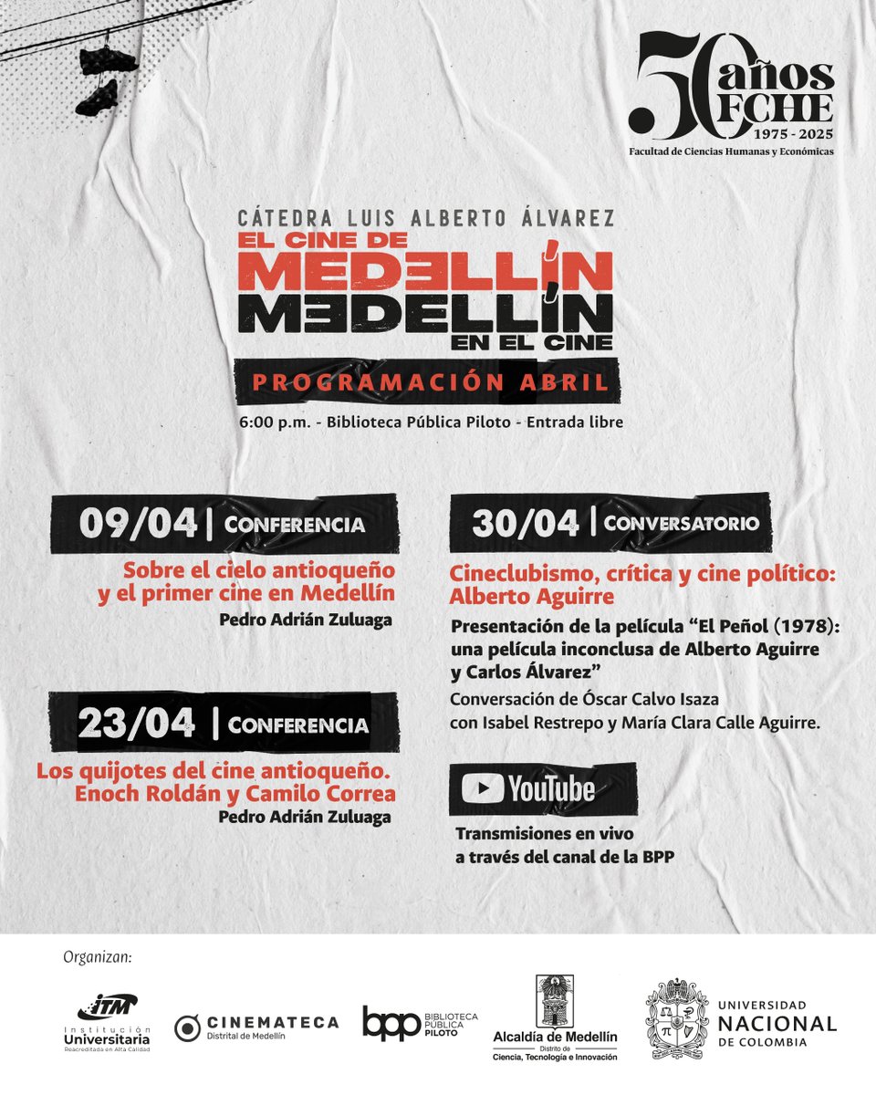 fche_unal's tweet photo. 🎥 Esta es la programación de abril de la Cátedra Luis Alberto Álvarez.

✨ Nos vemos los miércoles de 6:00 p.m. a 8:00 p.m. en la @BPPiloto. ¡Entrada libre!
 
Nota: Las sesiones serán transmitidas a través del canal de YouTube de la Biblioteca Pública Piloto. https://t.co/QLXpFzX5ix