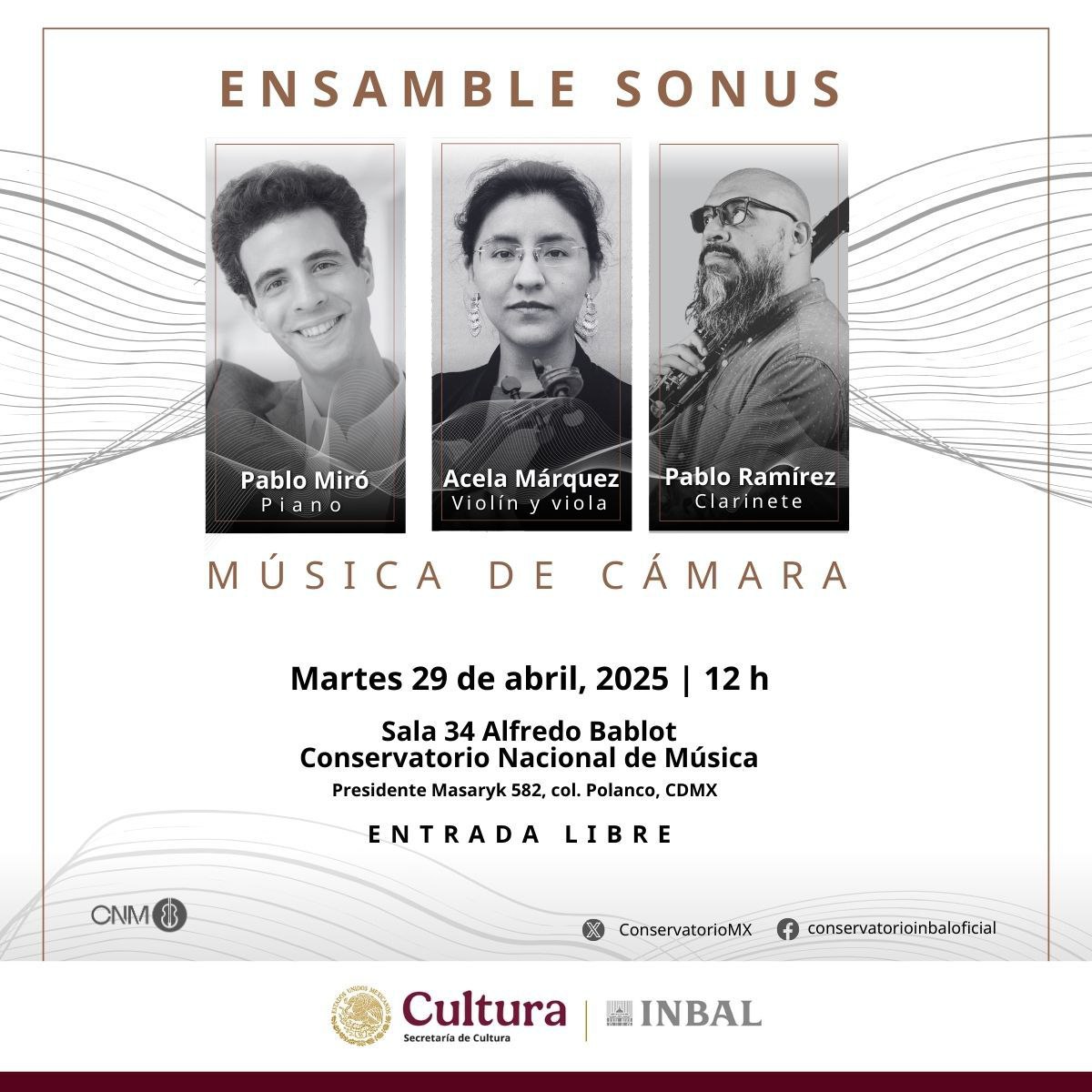 pablomirocortez's tweet photo. El Ensamble Sonus, integrado por Acela Márquez, Pablo Ramírez y Pablo Miró, presenta un programa que une exploración sonora y repertorio del siglo XIX al XXI, con obras de Schumann, Thomas, Arutiunian, Hindemith y Bozza.
#MúsicaDeCámara #Concierto #EnsambleSonus #Mexico https://t.co/hkQIo4amA5